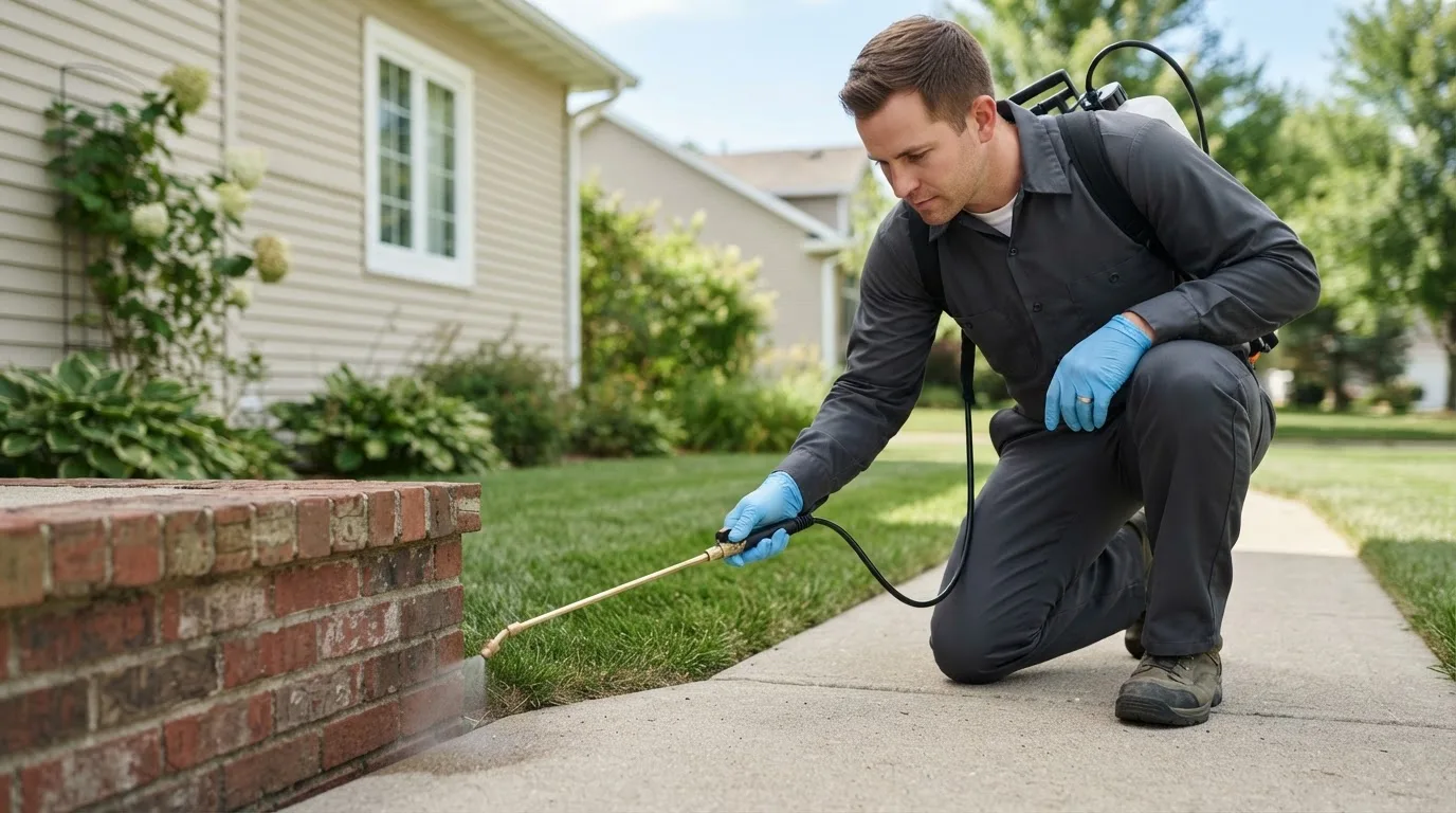 Pest control technician treating a home near Amigo, WV