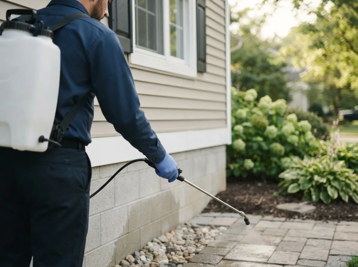 Pest control technician inspecting a home in Amigo, WV